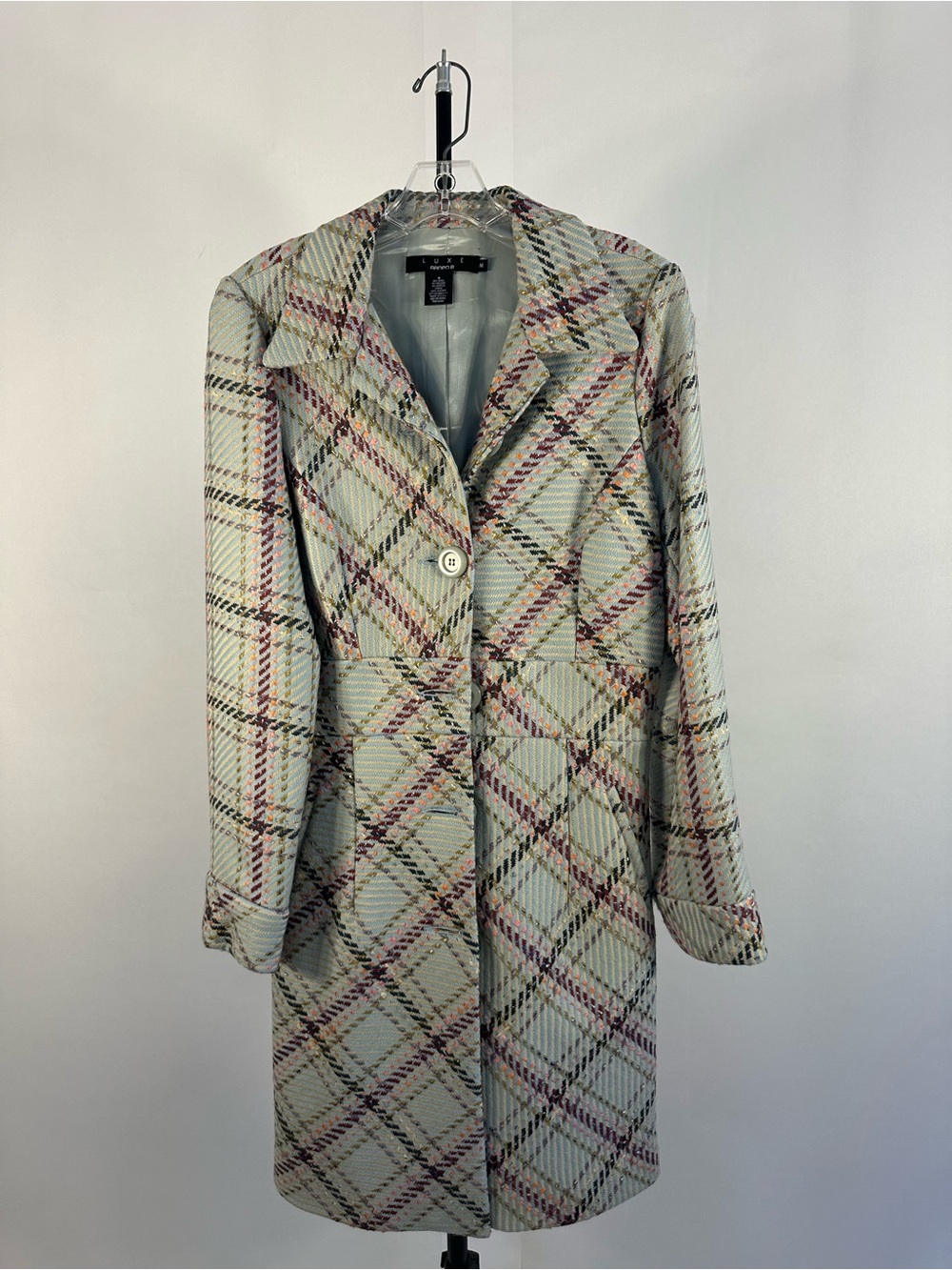 Luxe Arden B vintage Mint/bluish Plaid Pea Coat with Lavender & Cream Accents